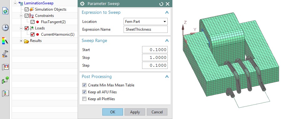 Picture: The NX Magnetics dialog for the Parameter Sweep